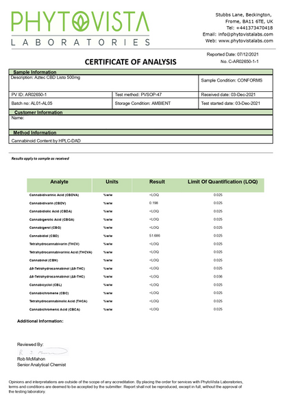 Aztec CBD Listo 500mg CBD Disposable Vape Pen - 1ml 600 Puffs
